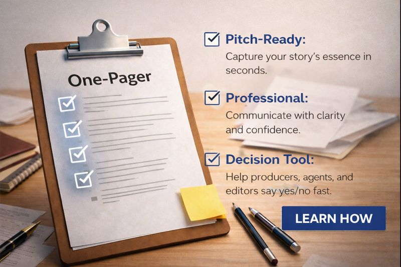 A clipboard with a one-pager document, featuring checkmarks and text highlighting its benefits: Pitch-Ready, Professional, and Decision Tool, alongside a call to action to learn how.