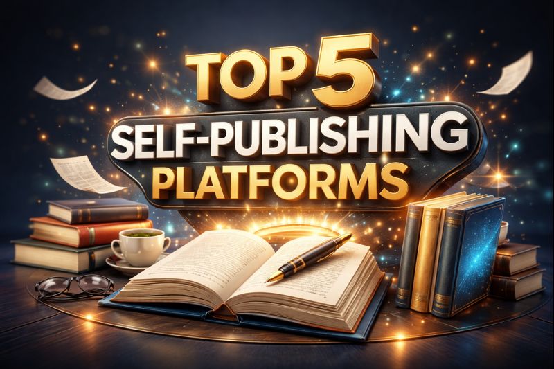 A visually appealing graphic featuring the text 'Top 5 Self-Publishing Platforms' with an open book, a pen, glasses, a cup, and stacks of books in a warm, inviting setting. Sparkles and floating papers add dynamic elements to the design.