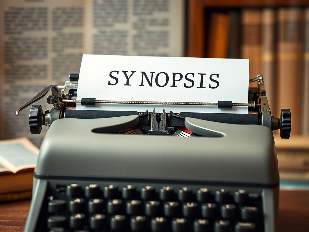 An old typewriter with a sheet of paper reading 'SYNOPSIS' placed on it, set against a blurred background of books and papers.
