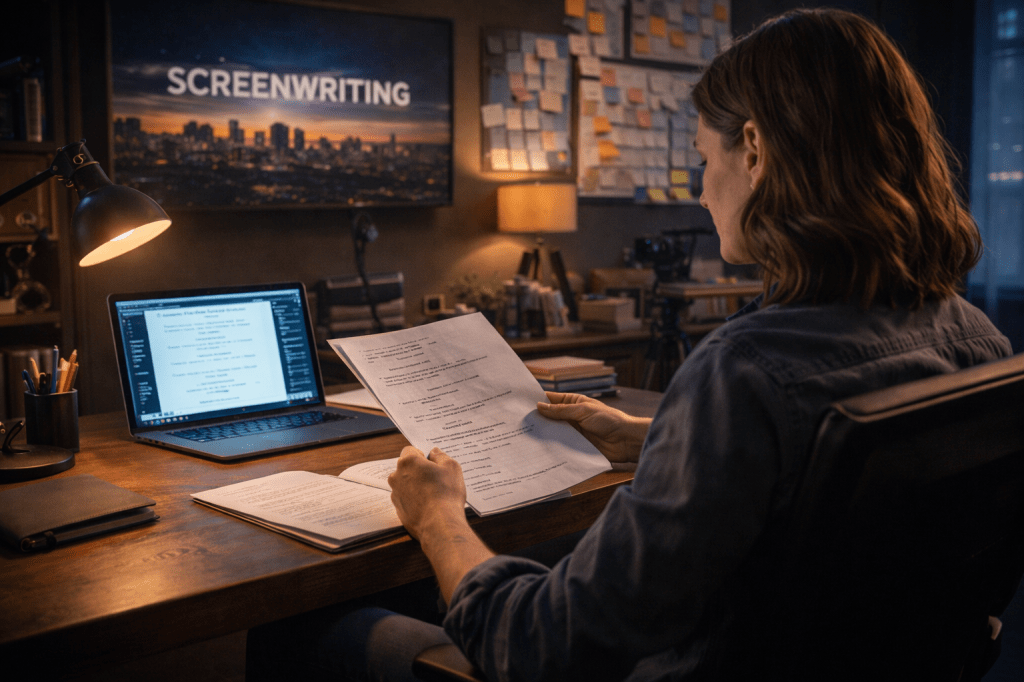 A person reviewing screenwriting notes at a desk with a laptop displaying a screenplay, surrounded by a lamp and a wall covered in sticky notes.