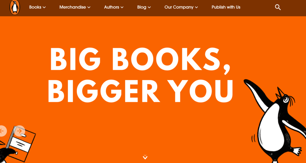 A promotional image with the text 'BIG BOOKS, BIGGER YOU' on an orange background, featuring a cartoon penguin character with a package.